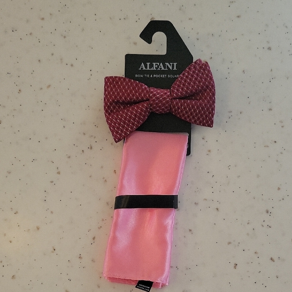 Alfani Pink Textured Bow Tie with Light Pink Satin Pocket Square